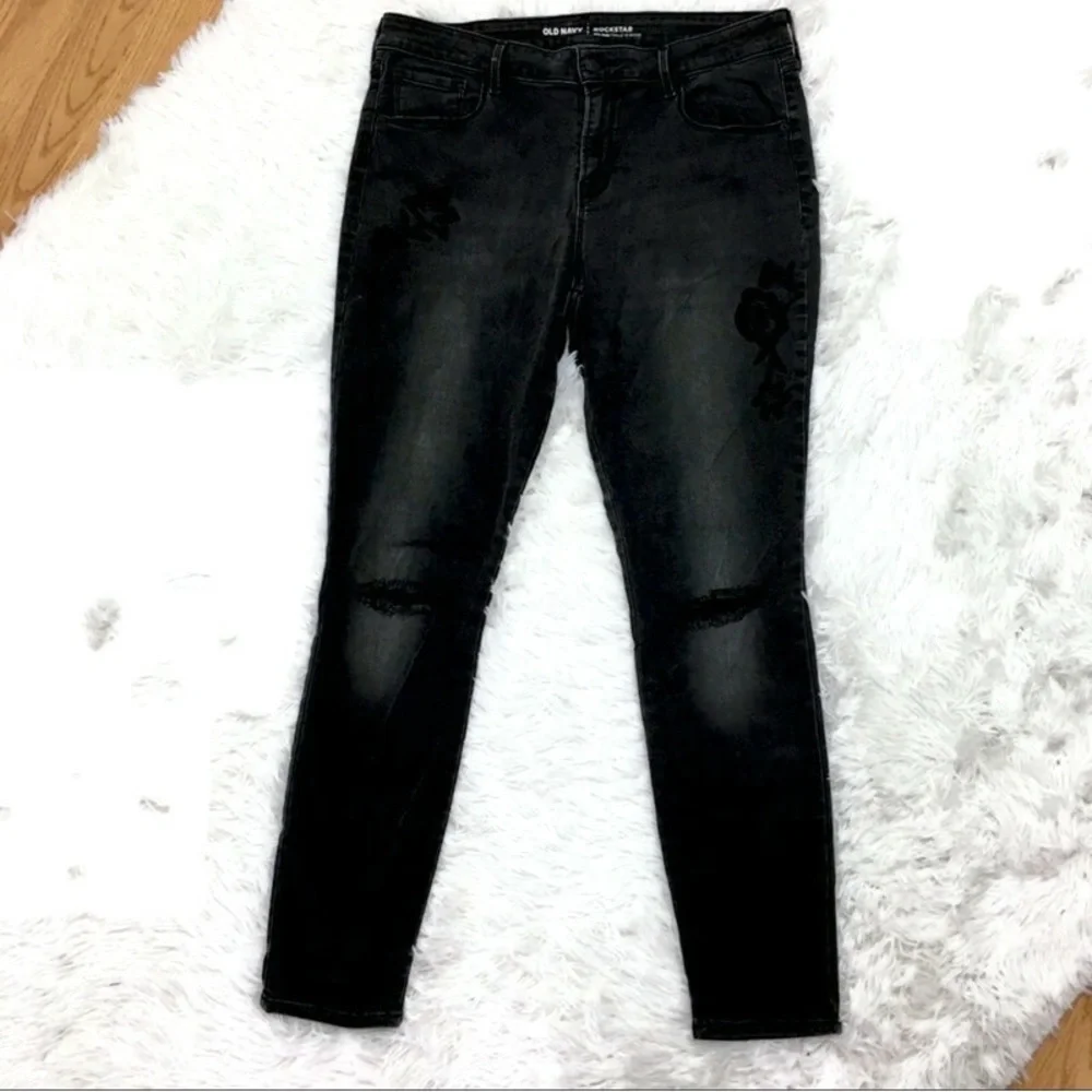 Old Navy Rock Star Charcoal Black Distressed Ripped Jeans Size 10